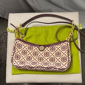 Tory Burch Cream and Burgundy Logo Jacquard Shoulder Bag with Gold Hardware
